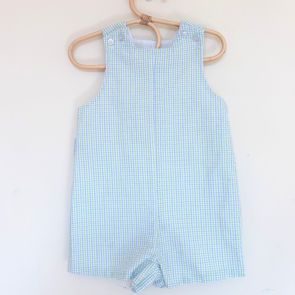 Vintage Bailey Boys Romper Blue Green Gingham Seersucker Jon Jon Kids 24 Months